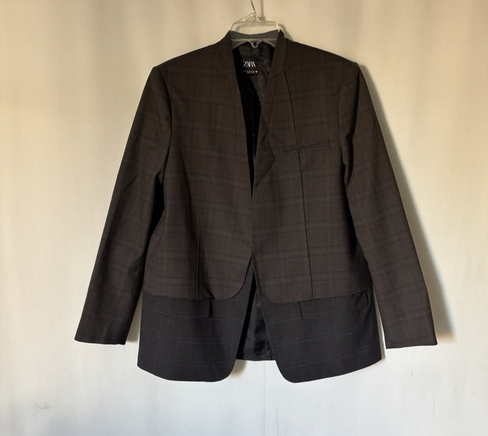 Zara Blazer XS S Gray Open Front Oversized Check Plaid Fall Womens